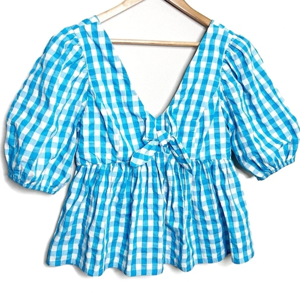Lilly Pulitzer Blue White Gingham Check Puff Sleeve Tie Front Peplum Top Size 10